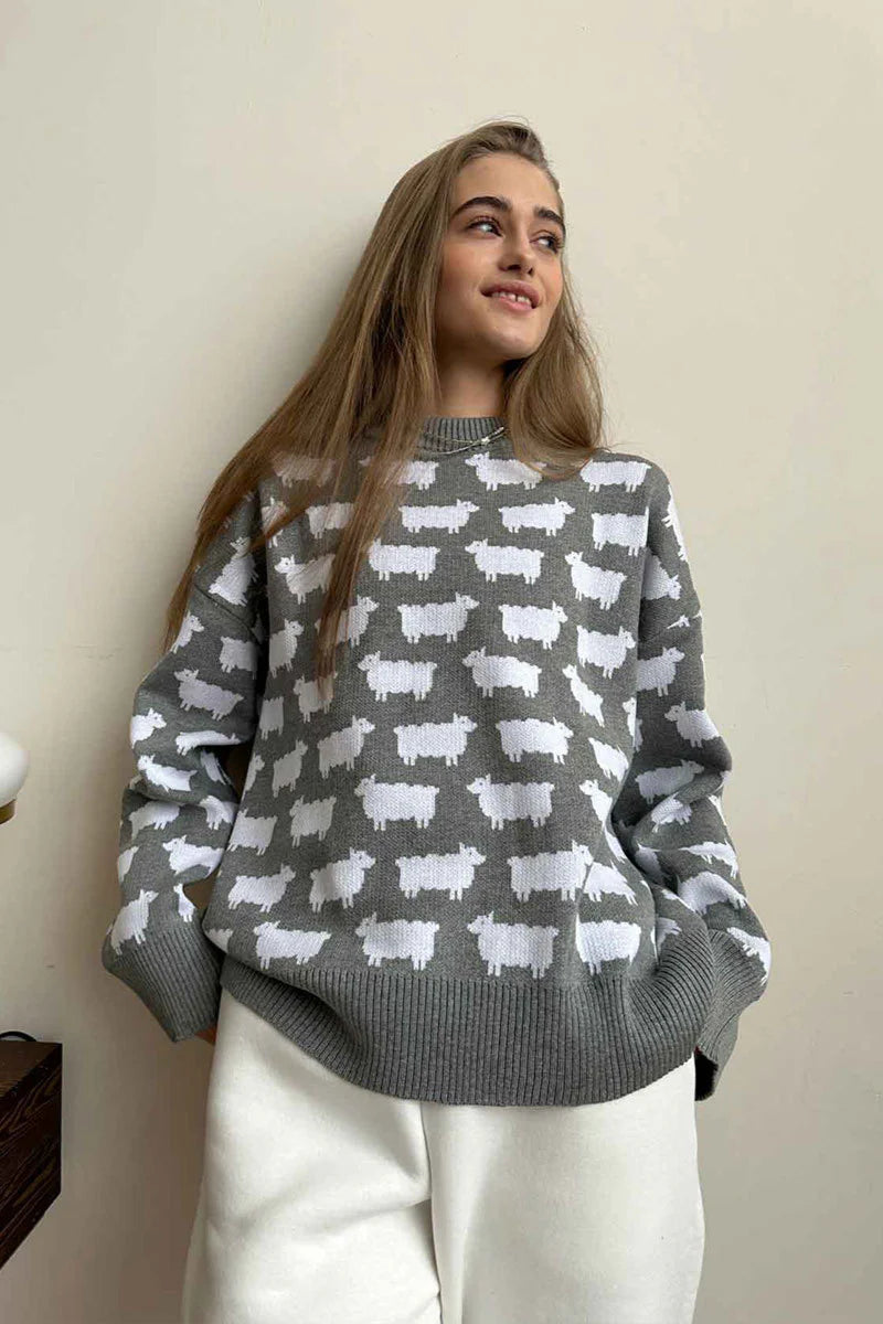 Luźny sweter z dzianiny w zwierzęcy wzór