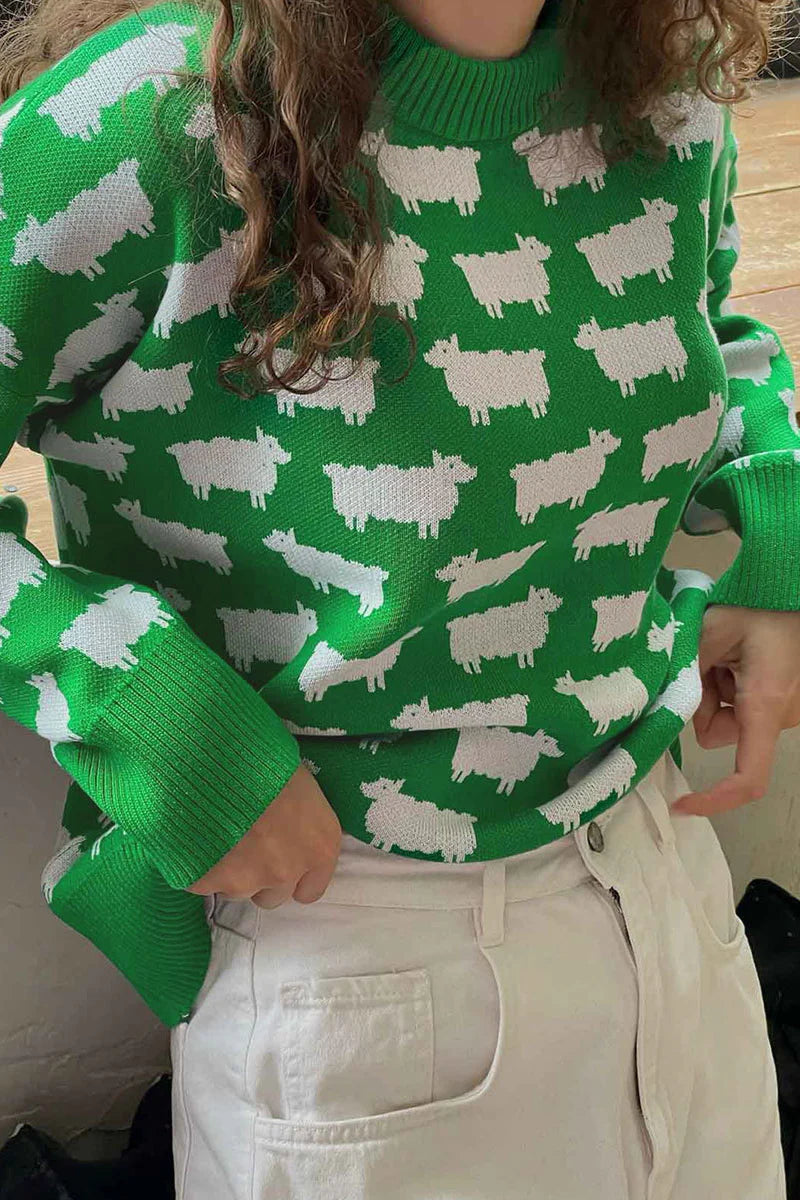 Luźny sweter z dzianiny w zwierzęcy wzór