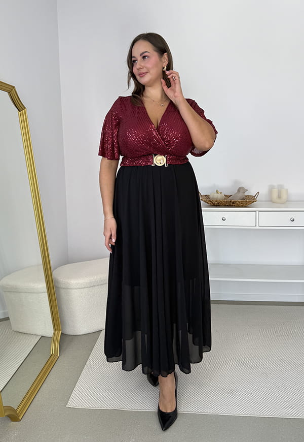 Glimmer — Długa Bordowo sukienka maxi z szyfonowym dołem i cekinowym wykończeniem