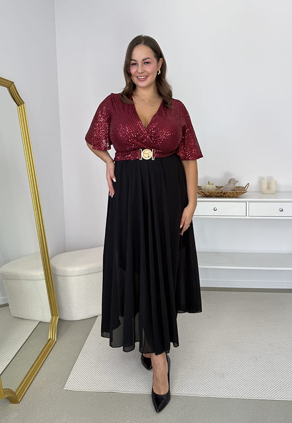 Glimmer — Długa Bordowo sukienka maxi z szyfonowym dołem i cekinowym wykończeniem