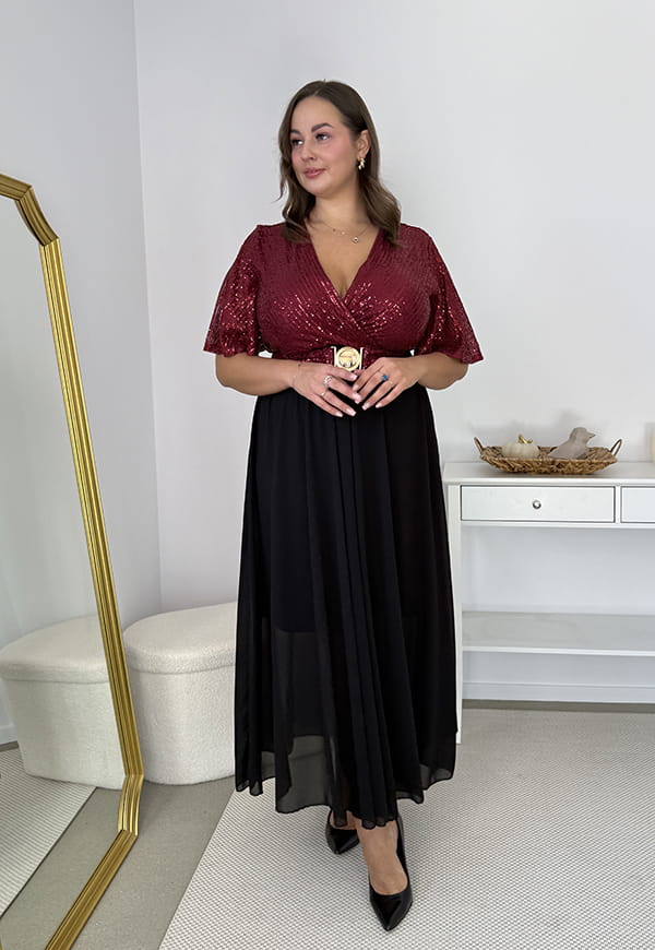 Glimmer — Długa Bordowo sukienka maxi z szyfonowym dołem i cekinowym wykończeniem