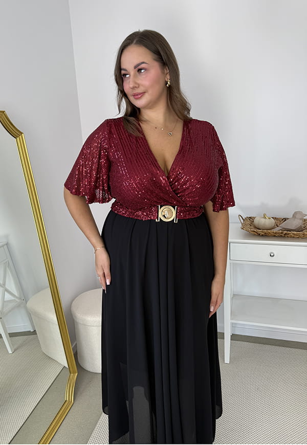 Glimmer — Długa Bordowo sukienka maxi z szyfonowym dołem i cekinowym wykończeniem