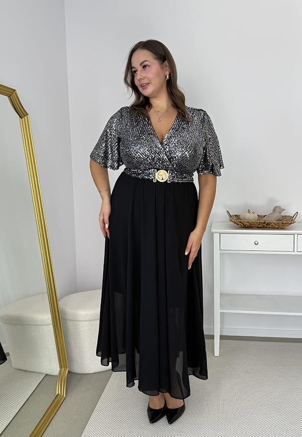 Glimmer — Długa Srebrno sukienka maxi z szyfonowym dołem i cekinowym wykończeniem