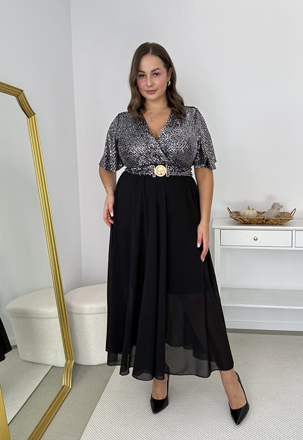 Glimmer — Długa Srebrno sukienka maxi z szyfonowym dołem i cekinowym wykończeniem