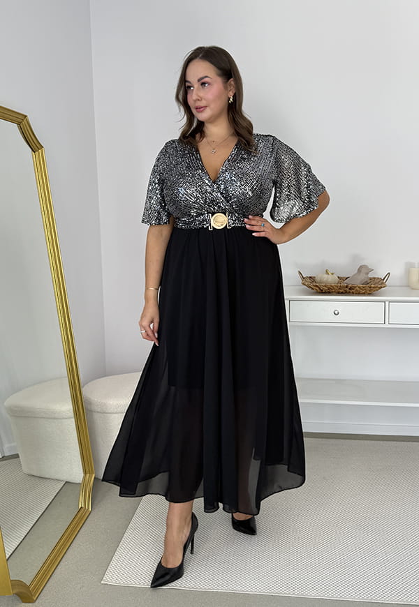 Glimmer — Długa Srebrno sukienka maxi z szyfonowym dołem i cekinowym wykończeniem