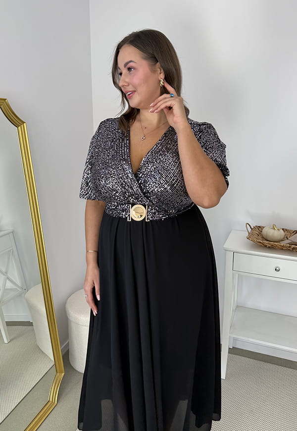 Glimmer — Długa Srebrno sukienka maxi z szyfonowym dołem i cekinowym wykończeniem