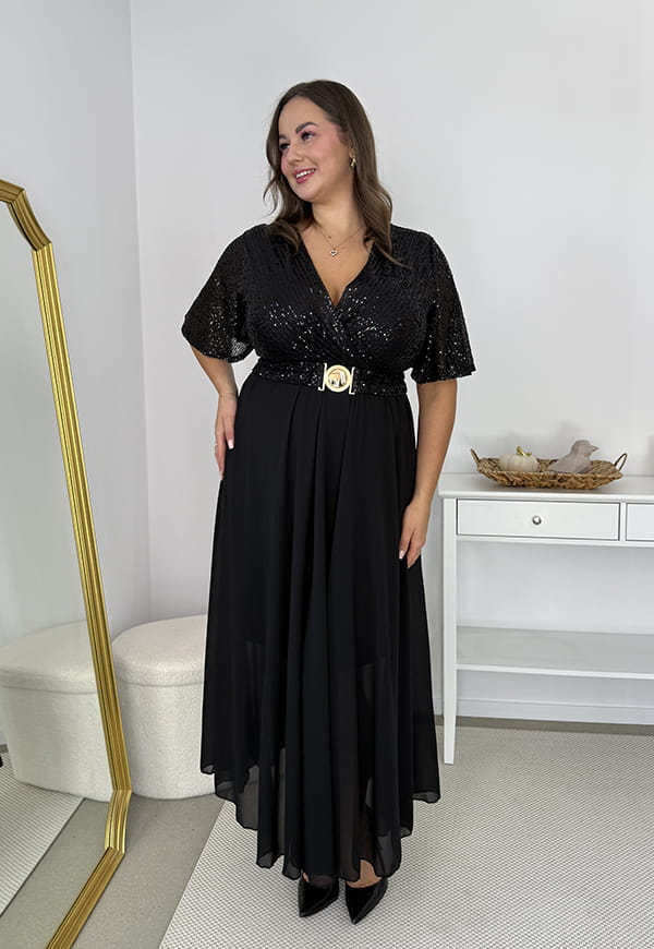 Glimmer — Długa czarna sukienka maxi z szyfonowym dołem i cekinowym wykończeniem