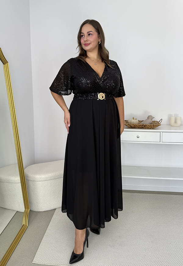 Glimmer — Długa czarna sukienka maxi z szyfonowym dołem i cekinowym wykończeniem