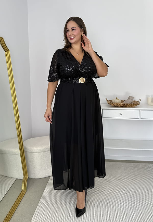 Glimmer — Długa czarna sukienka maxi z szyfonowym dołem i cekinowym wykończeniem