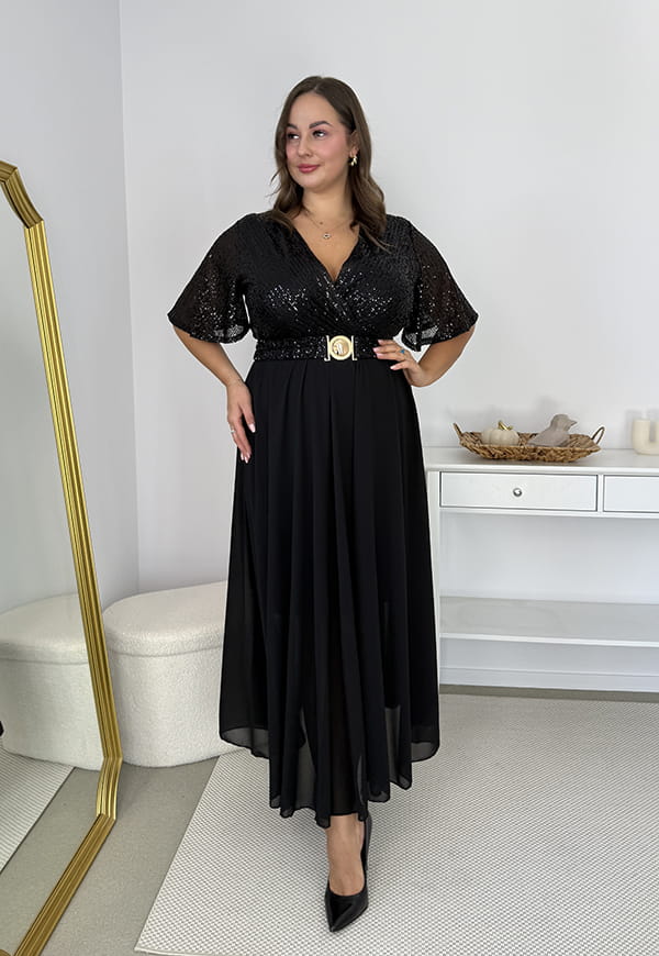Glimmer — Długa czarna sukienka maxi z szyfonowym dołem i cekinowym wykończeniem