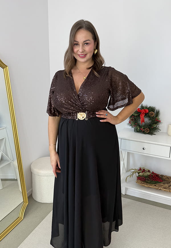 Glimmer – Długa Sukienka Maxi z Szyfonowym Dołem i Cekinowym Wykończeniem