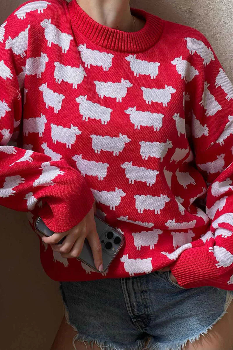 Luźny sweter z dzianiny w zwierzęcy wzór