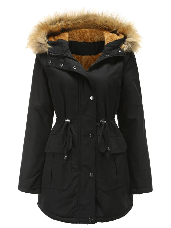 Puszysta kurtka z kapturem ze sztucznego futra