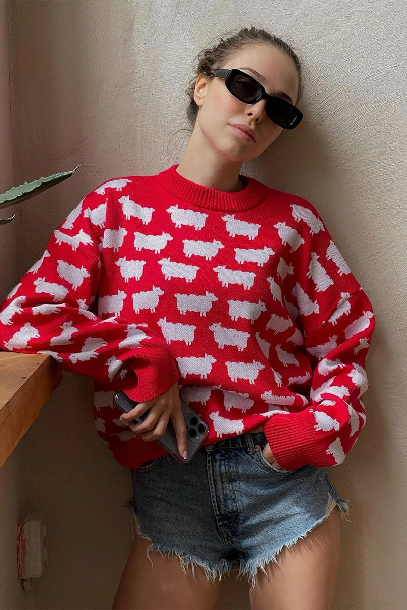 Luźny sweter z dzianiny w zwierzęcy wzór