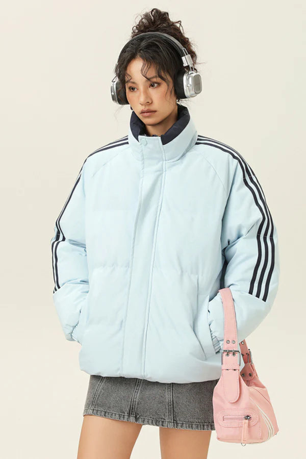 Stylowa, zimowa, sportowa, puchowa kurtka w paski