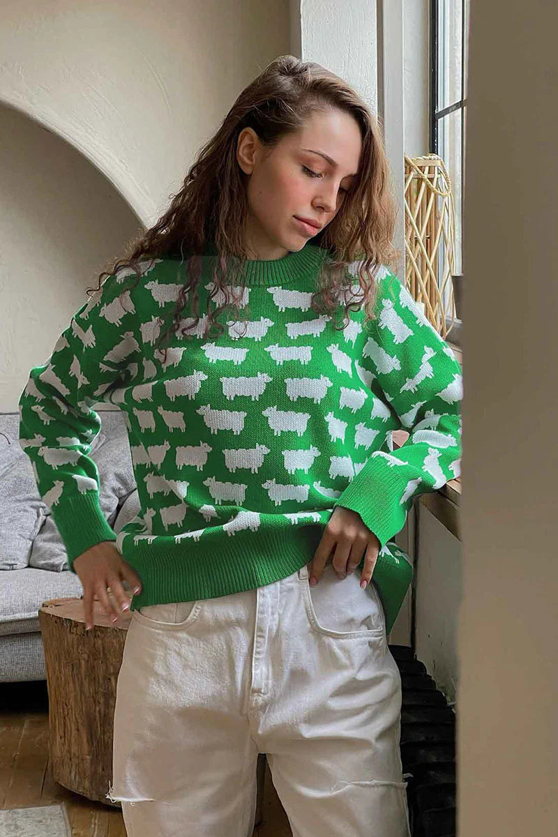 Luźny sweter z dzianiny w zwierzęcy wzór