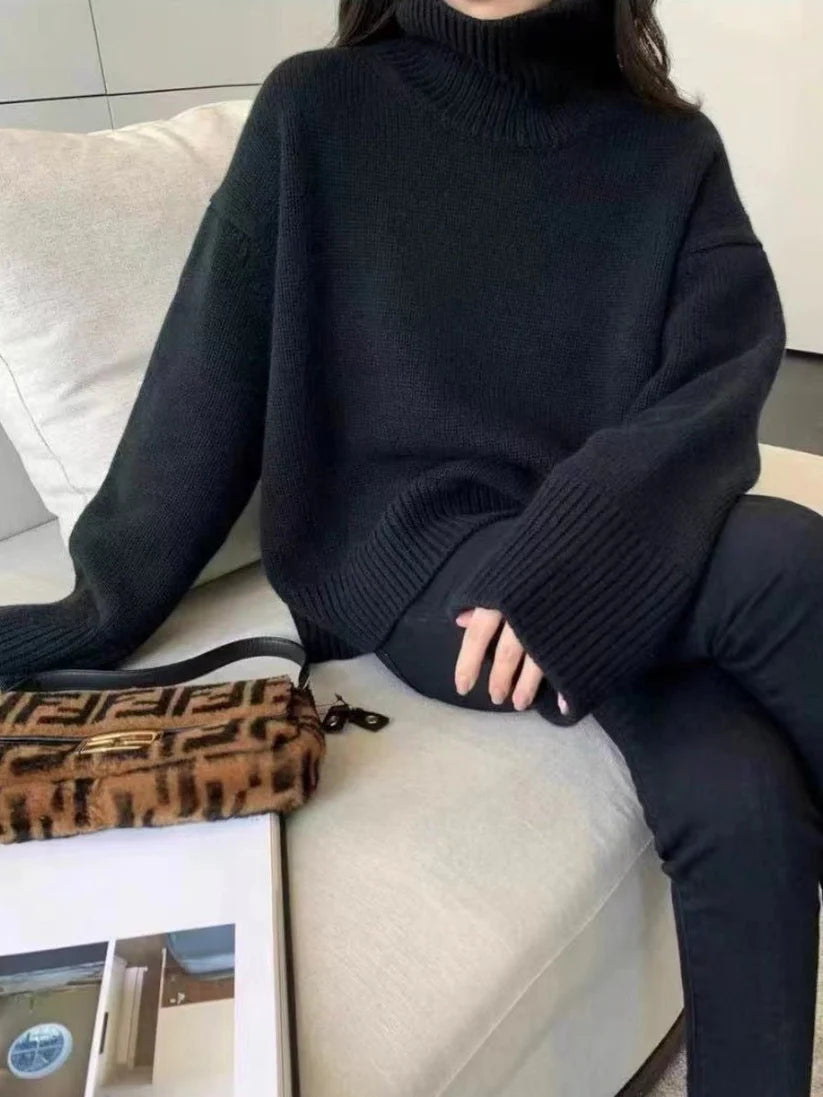 Solene Luxe – Gruby sweter z wysokim kołnierzem w stylu Korean Lazy
